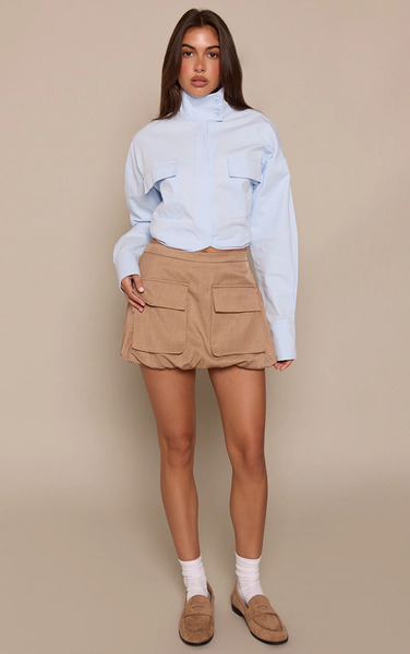  Prettylittlething Camel Woven Utility Puffball Mini Skirt 