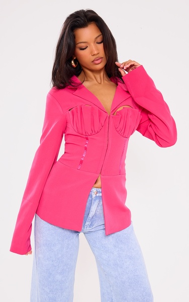  Prettylittlething Candy Pink Shell Cup Detail Tailored Blazer 