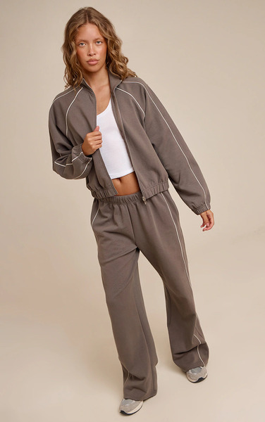 Prettylittlething Charcoal Interlock Contrast Piping Wide Leg Joggers 