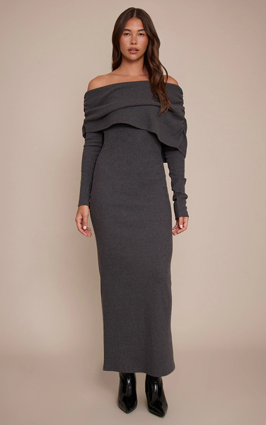  Prettylittlething Charcoal Ribbed Bardot Oversized Fold Over Maxi Dress 
