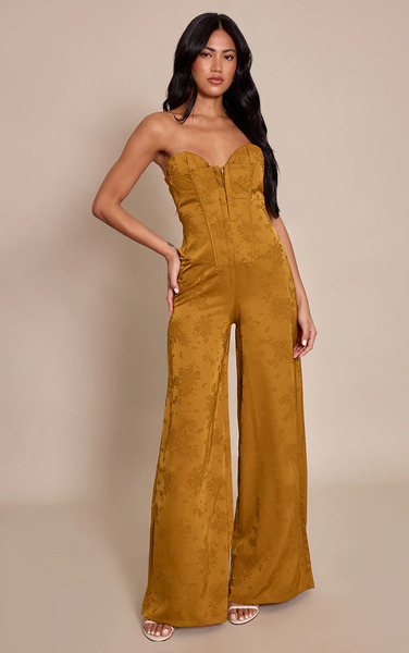  Prettylittlething Chartreuse Satin Jacquard Bandeau Straight Leg Jumpsuit 