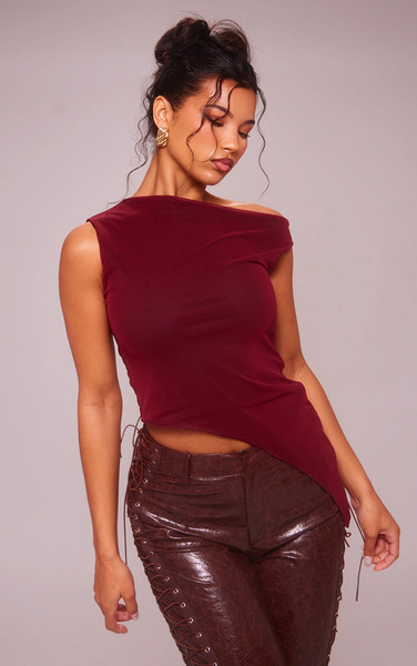  Prettylittlething Cherry Red Asymmetric Neck Mesh Top 