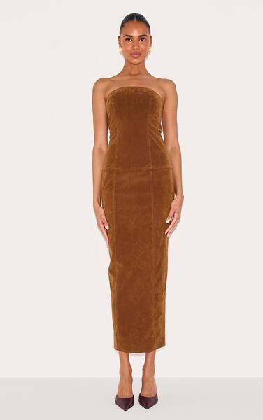  Prettylittlething Chestnut Faux Suede Bandeau Maxi Dress 