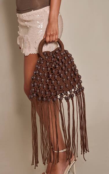 Prettylittlething Chocolate Beaded Weave Bucket Bag 