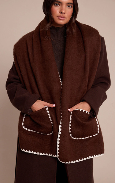  Prettylittlething Chocolate Blanket Stitch Contrast Pocketed Scarf 