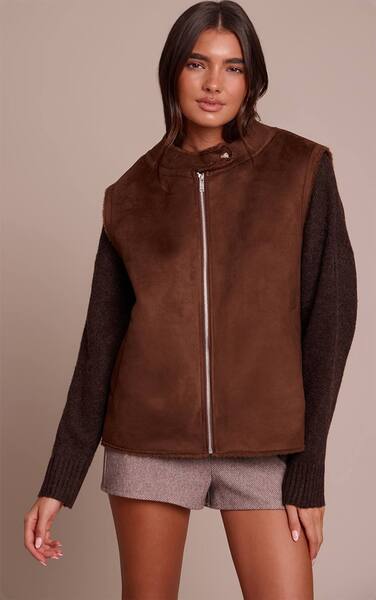  Prettylittlething Chocolate Borg Lining Faux Suede Gilet 