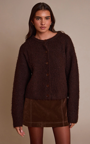  Prettylittlething Chocolate Brushed Oversized Detail Round Neck Cardigan Sweater 