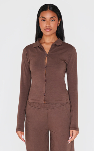  Prettylittlething Chocolate Button Up Jersey Fitted Top 