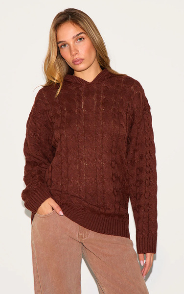  Prettylittlething Chocolate Cable Knit Oversized Hoodie 