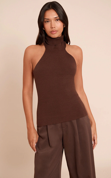  Prettylittlething Chocolate Compact Knit Halterneck Top 