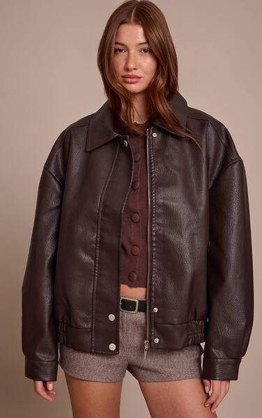  Prettylittlething Chocolate Concealed Placket Faux Leather Bomber Jacket 