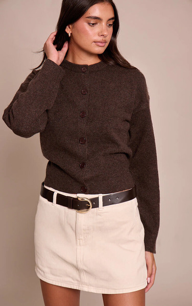  Prettylittlething Chocolate Crew Neck Knit Cardigan Sweater 
