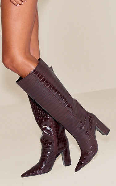  Prettylittlething Chocolate Croc Point Toe Block Heel Knee High Boot 