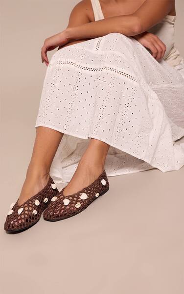 Prettylittlething Chocolate Crochet Shell Trim Ballet Flats 