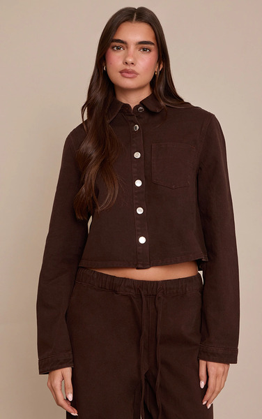  Prettylittlething Chocolate Cropped Denim Shirt 