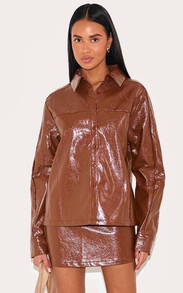  Prettylittlething Chocolate Faux Leather Oversized Shirt Co-ord 