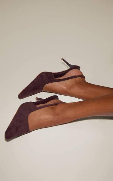  Prettylittlething Chocolate Faux Suede Chiselled Toe Sling Back Court Shoe 