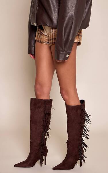  Prettylittlething Chocolate Faux Suede Fringe Heeled Knee High Boots 
