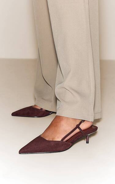  Prettylittlething Chocolate Faux Suede Kitten Heel Sling Back Courts 