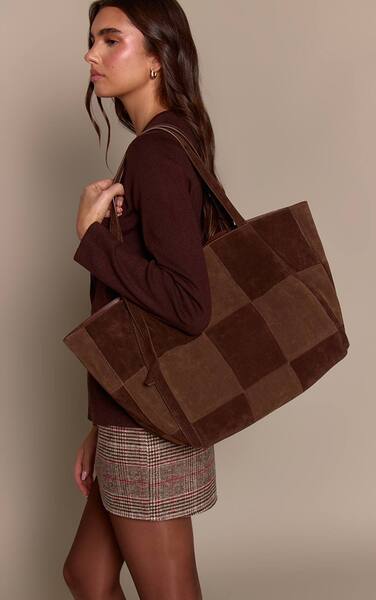  Prettylittlething Chocolate Faux Suede Patchwork Adjustable Strap Tote Bag 