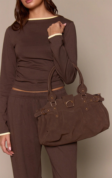  Prettylittlething Chocolate Faux Suede Ruched Handbag 
