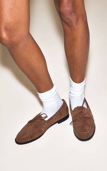  Prettylittlething Chocolate Faux Suede Ruched Lace Up Loafer 