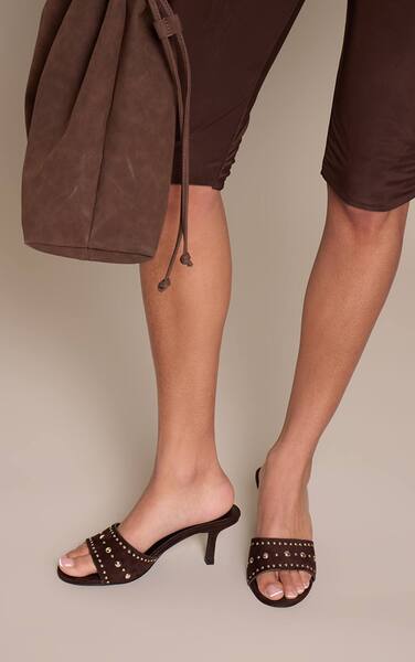  Prettylittlething Chocolate Faux Suede Studded Kitten Heel Mule 