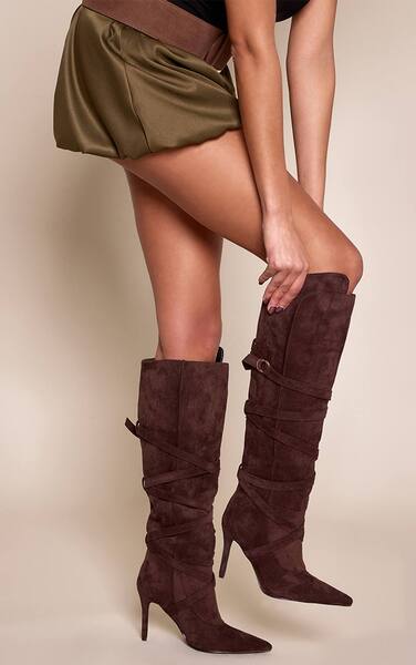  Prettylittlething Chocolate Faux Suede Wrap Around Knee High Boots 