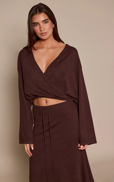 Prettylittlething Chocolate Floaty Wrap Sheer Knit Cardigan Sweater 