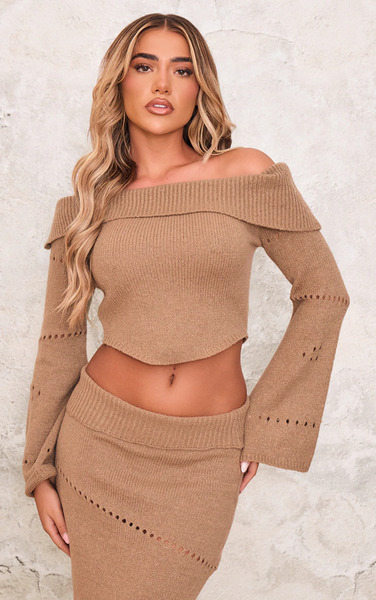  Prettylittlething Chocolate Fold Over Bardot Knit Long Sleeve Top 