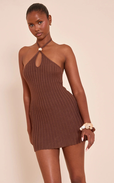  Prettylittlething Chocolate Halterneck Bead Detail Knit Mini Dress 