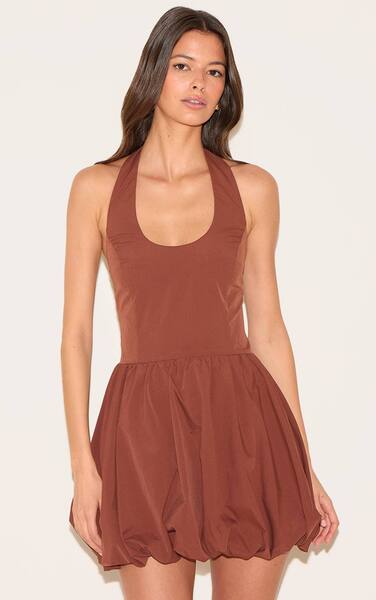  Prettylittlething Chocolate Halterneck Puffball Dress 