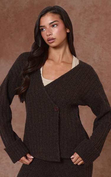  Prettylittlething Chocolate Hazel Knit Turn Up Cuff Cardigan Sweater 