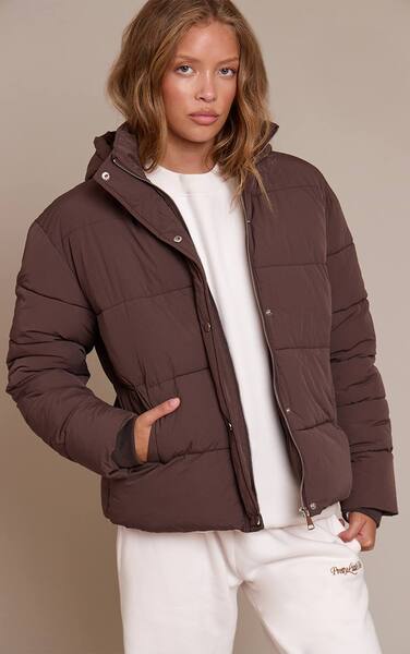  Prettylittlething Chocolate Hooded Puffer Jacket 