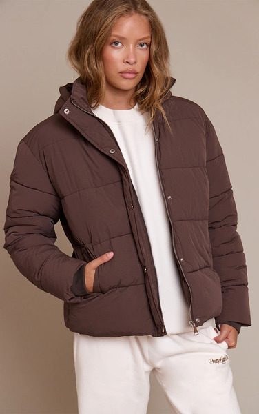  Prettylittlething Chocolate Hooded Puffer Jacket 