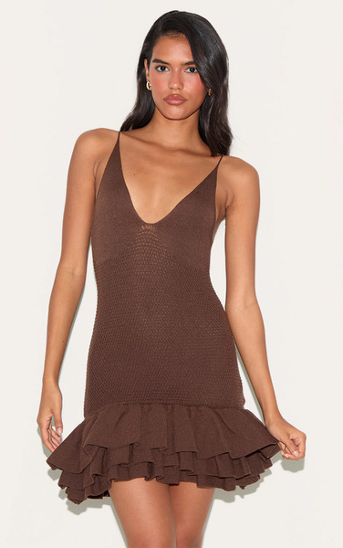  Prettylittlething Chocolate Knitted Frill Hem Strappy Mini Dress 