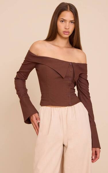  Prettylittlething Chocolate Linen Bardot Button Up Shirt 
