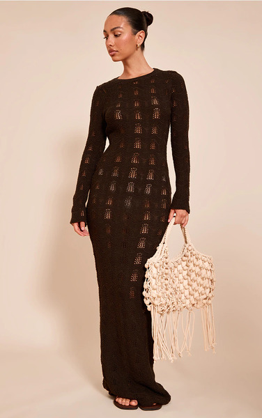  Prettylittlething Chocolate Long Sleeve Backless Maxi Dress 