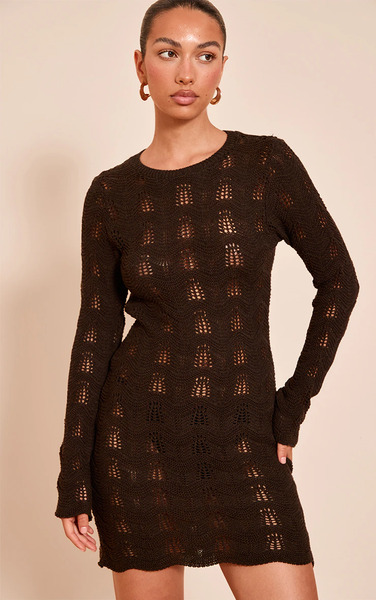  Prettylittlething Chocolate Long Sleeve Backless Mini Dress 