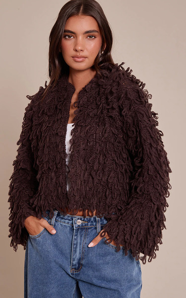  Prettylittlething Chocolate Loop Knit Oversized Cardigan Sweater 