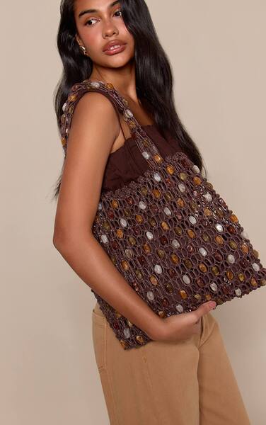  Prettylittlething Chocolate Macrame Beaded Tote Bag 