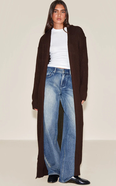 Prettylittlething Chocolate Maxi Style Knitted Cardigan Sweater 