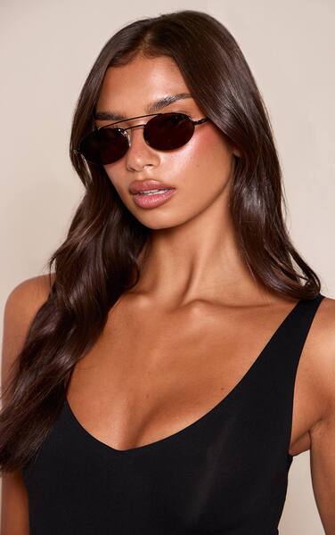  Prettylittlething Chocolate Metal Frame Oval Aviator Sunglasses 