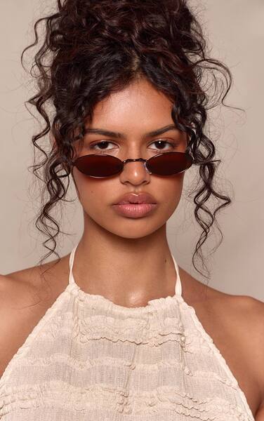  Prettylittlething Chocolate Metal Frame Slim Oval Sunglasses 