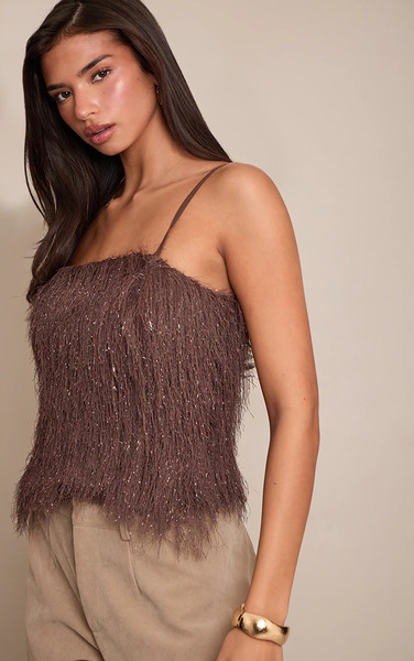  Prettylittlething Chocolate Metallic Fringe Cami Top 