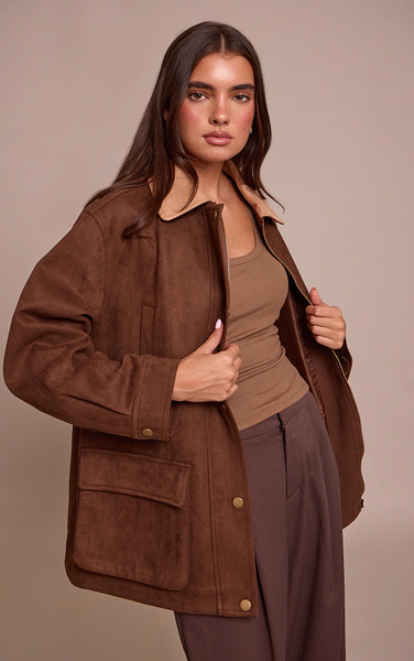  Prettylittlething Chocolate Oversized Pocket Detail Contrast Collar Jacket 