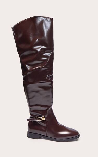  Prettylittlething Chocolate Patent Buckled Over The Knee Flat Boot 