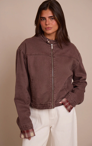  Prettylittlething Chocolate Plum Boxy Denim Racer Jacket 