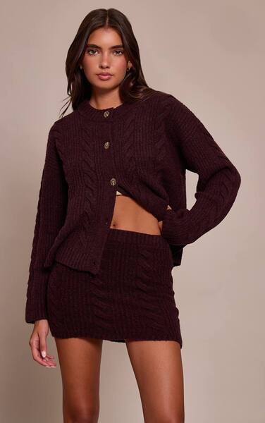  Prettylittlething Chocolate Plum Cable Knit Mini Skirt 