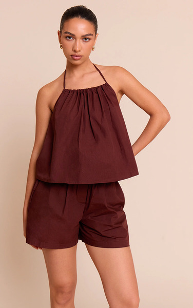 Prettylittlething Chocolate Poplin Low Back Halterneck Top 